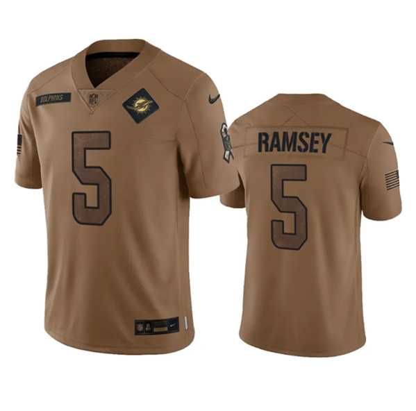 Men%27s Miami Dolphins #5 Jalen Ramsey 2023 Brown Salute To Service Limited Football Stitched Jersey Dyin